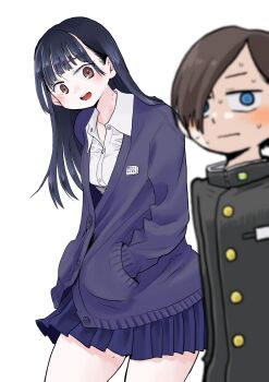 Rule 34 | 1boy, 1girl, black hair, blue eyes, boku no kokoro no yabai yatsu, brown eyes, brown hair, cardigan, cowboy shot, gakuran, hands in pockets, highres, ichikawa kyoutarou, long hair, looking at another, looking away, name tag, nervous, open mouth, parted bangs, pleated skirt, sakurai norio, school uniform, short hair, skirt, sweat, tagme, talking, thighs, yamada anna