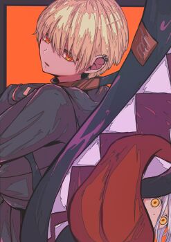 1boy 1girl absurdres bag black_gloves black_hoodie blonde_hair commentary_request ear_piercing fight_song_(eve) from_side gloves hair_between_eyes highres hood hoodie karan_koron100 long_bangs looking_at_viewer male_focus orange_background orange_eyes otogiri_tobi parted_lips piercing short_hair solo_focus tongue tongue_out