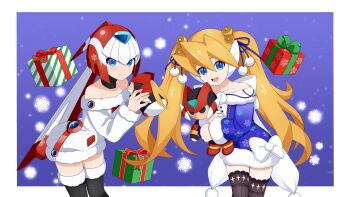 2girls absurdres bare_shoulders black_thighhighs blonde_hair blue_background blue_eyes blue_sweater border box breasts christmas ciel_(mega_man) commentary cowboy_shot dress english_commentary fairy_leviathan_(mega_man) forehead_jewel gift gift_box helmet highres holding holding_stuffed_toy jwc_vevo long_hair mega_man_(series) mega_man_x_(series) mega_man_x_dive mega_man_zero_(series) multiple_girls off-shoulder_sweater off_shoulder official_alternate_costume official_alternate_hairstyle red_helmet stuffed_animal stuffed_toy sweater sweater_dress thighhighs twintails very_long_hair white_border white_sweater zero(z)_(mega_man) zero_(mega_man)