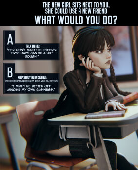 1girl 3d the_addams_family black_eyes black_hair black_nails black_thighhighs blurry blurry_background book braid coat crisisbeat desk dialogue_options english_text goth_fashion highres lips looking_to_the_side netflix pale_skin sitting thighhighs twin_braids wednesday_(netflix) wednesday_addams window