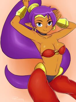 Rule 34 | 1girl, arabian clothes, armpits, arms up, bandeau, blue eyes, breasts, choker, cleavage, dark-skinned female, dark skin, earrings, eyelashes, female focus, harem pants, high ponytail, hoop earrings, jewelry, large breasts, long hair, lots of jewelry, navel, pants, pointy ears, ponytail, prinny (viewtifuljoex), purple hair, shantae, shantae: half-genie hero, shantae (series), smile, solo, tiara, very long hair, wayforward