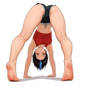 Rule 34 | 1girl, :o, all fours, armpits, ass, bare arms, bare legs, barefoot, black hair, black shorts, blue hair, breasts, brown eyes, collarbone, commentary request, feet, from behind, highres, kneepits, legs, looking at viewer, looking through own legs, medium breasts, midriff, multicolored hair, navel, navel piercing, nihu, original, piercing, red tank top, shadow, short hair, shorts, simple background, soles, solo, streaked hair, tank top, thighs, tiptoes, toes, tomboy, toned, toned female, upside-down, view between legs, white background