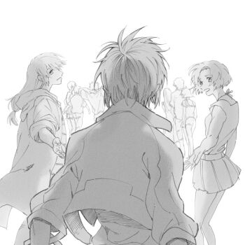 4girls 5boys canon_memphis from_behind greyscale hazama_shouko hood hooded_jacket jacket kaname_sakura kasugai_koyo kodate_mamoru kondou_kenji long_hair makabe_kazuki michi_naka minashiro_soushi miniskirt monochrome multiple_boys multiple_girls pleated_skirt reaching reaching_towards_another short_hair simple_background sketch skirt sleeves_rolled_up smile soukyuu_no_fafner toomi_maya white_background