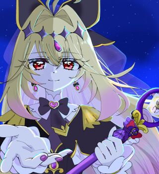 Rule 34 | 1girl, antenna hair, black dress, black ribbon, blonde hair, blue sky, capelet, card, collar, commentary request, cuffs, cure arcana shadow, dress, earrings, forehead jewel, gem, hair ornament, hair ribbon, highres, holding, holding wand, hototsurium, jewelry, long hair, looking at viewer, magical girl, meitantei precure!, moria luluka, multicolored hair, neck ribbon, night, pink hair, precure, purple veil, red eyes, ribbon, sky, smile, star (sky), starry sky, two-tone hair, upper body, veil, wand, white collar, white wrist cuffs, wrist cuffs