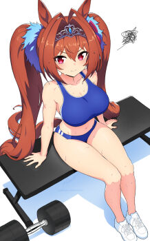 1girl animal_ears arm_support barbell bare_shoulders blue_buruma blue_sports_bra blush bow breasts brown_hair buruma cleavage closed_mouth collarbone commentary daiwa_scarlet_(umamusume) dumbbell english_commentary hair_between_eyes hair_bow hair_intakes hair_ornament horse_ears horse_girl horse_tail large_breasts long_hair looking_at_viewer midriff navel power_rack red_bow red_eyes revenantart shoes simple_background sitting sports_bra squiggle sweat tail thighs tiara twintails umamusume v-shaped_eyebrows very_long_hair white_background white_shoes