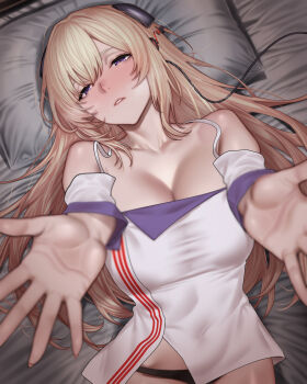 1girl anakasakas black_panties blonde_hair blush breasts collarbone commentary_request commission foreshortening g3_(girls&#039;_frontline) g3_(mod3)_(girls&#039;_frontline) girls&#039;_frontline headpiece highres long_hair looking_at_viewer lying on_back on_bed panties parted_lips pillow pixiv_commission purple_eyes solo underwear wire