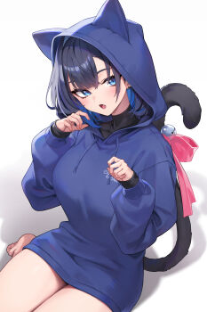 1girl absurdres animal_ears animal_hood barefoot black_shirt blue_eyes blue_hair blue_hoodie breasts cat_ears cat_girl cat_hood cat_tail colored_inner_hair commentary drawstring fang hair_between_eyes hair_intakes highres hololive hololive_english hood hood_up hoodie large_breasts long_sleeves looking_at_viewer multicolored_hair no_pants oopartz_yang open_mouth ouro_kronii paw_pose shirt short_hair simple_background sitting solo symbol-only_commentary tail virtual_youtuber white_background