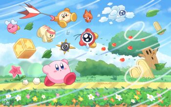 >_< angry_scarfy apple blue_sky blush_stickers bronto_burt cloud day flower food from_side fruit gordo grass highres holding holding_umbrella kirby kirby_(series) kracko leaf nintendo no_humans open_mouth orange_flower outdoors path pink_flower road running scarfy sky tears twitter_username umbrella waddle_dee waddle_doo whispy_woods white_flower wind yamy_(iseki_no_kusamura) yellow_flower