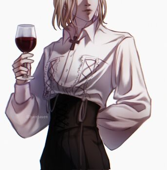 1boy alcohol black_pants blonde_hair collared_shirt commentary cross cup drinking_glass english_commentary harehaven head_out_of_frame high-waist_pants highres holding holding_cup lies_of_p male_focus pants romeo_(lies_of_p) shirt simple_background solo standing white_background white_shirt wine wine_glass