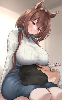 1boy 1girl alternate_costume alternate_hairstyle animal_ears antenna_hair black_hair black_skirt blush breast_rest breasts brown_hair closed_mouth commentary_request daiwa_scarlet_(umamusume) face_to_breasts hair_intakes hair_ornament hair_scrunchie highres horse_ears horse_girl horse_tail indoors lap_pillow large_breasts long_hair looking_down low_twintails scrunchie sg_(esujii) shirt skirt smile sweater tail turtleneck turtleneck_sweater twintails umamusume very_long_hair white_shirt white_sweater