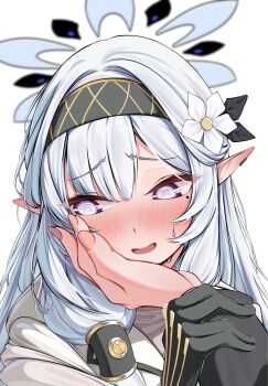 1girl @_@ black_gloves black_hairband black_halo blue_archive blush earclip flower full-face_blush gloves hair_flower hair_ornament hair_tubes hairband halo hand_on_another&#039;s_face hand_on_another&#039;s_wrist highres himari_(blue_archive) long_hair looking_to_the_side mole mole_under_eye multicolored_halo nojikorirakkusu open_mouth pointy_ears portrait purple_eyes raised_inner_eyebrows simple_background striped_clothes striped_hairband sweatdrop two-tone_halo white_background white_hair white_halo