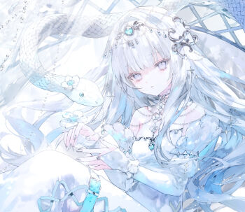 1girl animal bare_shoulders comiket_107 commentary_request detached_sleeves dress feet_out_of_frame flower grey_eyes headpiece highres juliet_sleeves knees_together_feet_apart long_hair long_sleeves onineko original parted_lips puffy_sleeves snake solo strapless strapless_dress very_long_hair white_dress white_flower white_hair white_sleeves white_snake