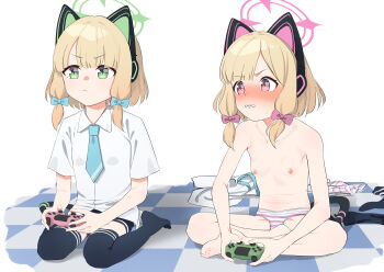 2girls animal_ear_headphones animal_ears aqua_bow aqua_necktie bare_shoulders barefoot black_shorts black_thighhighs blue_archive blush bow breasts cat_ear_headphones cat_ears cat_tail collarbone collared_shirt commentary_request controller embarrassed fake_animal_ears feet game_controller green_eyes grimace halo headphones highres indian_style loli mechanical_tail midori_(blue_archive) momoi_(blue_archive) multiple_girls necktie nipples no_pants no_shoes nose_blush panties pink_bow pink_eyes pink_panties playing_games shirt short_hair short_shorts short_sleeves shorts siblings sisters sitting small_breasts socks strip_game striped_clothes striped_panties sweat swept_bangs tail teeth thighhighs toes tombox topless_female twins underwear underwear_only unworn_shirt unworn_socks wariza wavy_mouth white_panties white_shirt