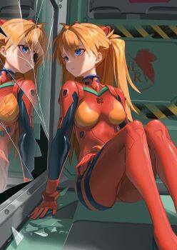 1girl absurdres blue_eyes bodysuit breasts broken_mirror different_reflection evangelion:_2.0_you_can_(not)_advance evangelion:_3.0_you_can_(not)_redo glass_shards hairpods hanho highres looking_at_mirror mecha_pilot_suit medium_breasts mirror neon_genesis_evangelion nerv orange_hair parted_lips plugsuit_(evangelion) rebuild_of_evangelion red_bodysuit reflection sitting skin_tight solo souryuu_asuka_langley two_side_up