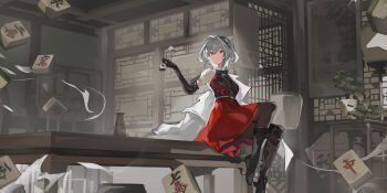 Rule 34 | 1girl, absurdres, architecture, arm up, black gloves, black necktie, boots, breasts, brown boots, commentary, dice, dress, east asian architecture, elbow gloves, english commentary, eve krist, gloves, grey hair, highres, linkai, looking up, mahjong, mahjong soul, mahjong tile, medium hair, necktie, puffy short sleeves, puffy sleeves, red dress, red eyes, shirt, short sleeves, sitting, solo, table, white shirt