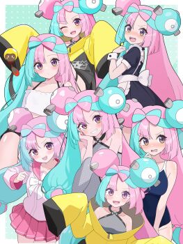 1girl :d ;d absurdres alternate_costume apron ass bare_shoulders belt black_belt black_dress black_shorts blue_hair blue_one-piece_swimsuit blush boots bow-shaped_hair breasts character_hair_ornament clenched_hand collage collarbone commentary_request criss-cross_halter crop_top cropped_shirt dress enmaided from_side gen_1_pokemon green_hair grey_boots grey_pantyhose hair_ornament halter_shirt halterneck hand_up happy hexagon_print highres iono_(pokemon) jacket long_hair long_sleeves looking_at_viewer looking_to_the_side low-tied_long_hair magnemite maid maid_headdress medium_breasts midriff multicolored_hair navel nintendo odorukaminoke off-shoulder_shirt off_shoulder one-piece_swimsuit one_eye_closed open_mouth outline pantyhose pantyhose_under_shorts pink_eyes pink_hair pink_serafuku pink_shirt pink_skirt pleated_skirt pokemon pokemon_(creature) pokemon_sm pokemon_sv purple_eyes sailor_collar school_swimsuit school_uniform serafuku sharp_teeth shirt shorts single_leg_pantyhose skirt sleeves_past_fingers sleeves_past_wrists smile split-color_hair swimsuit tadbulb tadpole teeth thigh_strap tongue twintails two-tone_hair upper_teeth_only white_apron white_shirt white_wrist_cuffs wrist_cuffs yellow_jacket