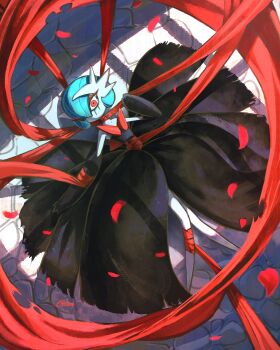 alternate_color artist_name black_dress black_gloves blue_hair bob_cut colored_skin dress elbow_gloves gardevoir gen_3_pokemon gloves goldenn_yami hair_over_one_eye highres lying mega_gardevoir mega_pokemon nintendo on_back on_floor orange_eyes petals pokemon pokemon_(creature) red_petals shiny_pokemon signature white_skin