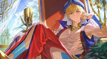 Rule 34 | 1boy, absurdres, arabian clothes, babylonia (fate/grand order), blonde hair, closed mouth, commentary request, cropped vest, dingir (fate), earrings, fate/grand order, fate (series), gauntlets, gilgamesh, gilgamesh (caster) (fate), gilgamesh (fate), hair between eyes, hat, highres, holding, holy grail (fate), jewelry, kiisher d, korean commentary, looking at viewer, male focus, red eyes, short hair, shoulder tattoo, single gauntlet, tattoo, turban, vest, white turban