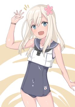 1girl 30-06 blonde_hair blue_eyes blush breasts commentary_request cowboy_shot crop_top flower hair_flower hair_ornament highres japanese_flag kantai_collection long_hair looking_at_viewer one-piece_swimsuit one-piece_tan ro-500_(kancolle) sailor_collar school_swimsuit school_uniform shirt smile solo swimsuit swimsuit_under_clothes tan tanline white_background white_shirt