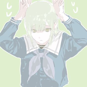 Rule 34 | 1girl, bang dream!, bang dream! it's mygo!!!!!, blue shirt, closed mouth, commentary, green background, green hair, grey neckerchief, hair ornament, hairclip, hands up, highres, long hair, long sleeves, neckerchief, outline, school uniform, shirt, simple background, solo, tsukinomori school uniform, untranslatable commentary, upper body, wakaba mutsumi, white outline, wigfire, yellow eyes