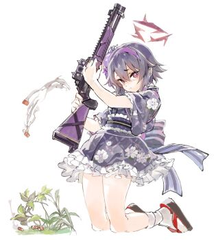 Rule 34 | 1girl, ammunition, arm up, black bow, black hair, black sandals, blue archive, bow, casing ejection, closed mouth, commentary request, fabarm fp6, floral print, flower, frilled kimono, frills, full body, furrowed brow, gun, hair flower, hair ornament, hairband, halo, hand up, haruka (blue archive), haruka (new year) (blue archive), holding, holding gun, holding weapon, japanese clothes, kimono, kneeling, konabetate, looking at viewer, looking to the side, obi, obijime, official alternate costume, okobo, pink eyes, plant, platform sandals, print kimono, pump action, purple bow, purple flower, purple hairband, purple kimono, red sandals, sandals, sash, shell casing, short eyebrows, short hair, short kimono, short sleeves, shotgun, shotgun shell, sideways glance, smoke, smoke trail, solo, striped bow, tabi, waist bow, wavy mouth, weapon, white background