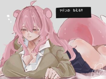 ass breasts cleavage collared_shirt commentary fang gen_1_pokemon grey_background gyaru gyaru_slowpoke_(shin_no_tenpii) highres kogal large_breasts lying nintendo on_stomach panties partially_unbuttoned personification pink_hair pleated_skirt pokemon pokemon_tail rereore_0reoooo shirt signature skindentation skirt sleepy slowpoke slowpoke_tail squeans squinting sweater tail thighs translated underwear white_panties yellow_sweater