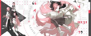 1girl absurdres beret black_hat black_headdress brown_pantyhose closed_mouth coat dated frills full_body glasses hair_between_eyes hair_ornament happy_birthday hat headdress highres jacket kunjiao long_hair long_sleeves looking_at_viewer lying multiple_views on_side original pantyhose pink_eyes pink_hair socks standing tinted_eyewear very_long_hair white_coat white_jacket white_socks