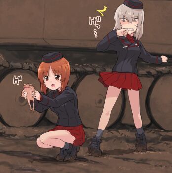 2girls animal blush brown_eyes brown_hair clenched_teeth frog girls_und_panzer grey_eyes holding holding_animal itsumi_erika kuromorimine_military_uniform long_hair looking_at_another military_uniform military_vehicle miniskirt monolith_(suibou_souko) motor_vehicle mud multiple_girls nishizumi_miho open_mouth red_skirt skirt smile tank teeth white_hair