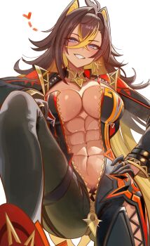 Rule 34 | 0nineo9, 1girl, abs, absurdres, black bodysuit, black gloves, black jacket, blonde hair, blue eyes, bodysuit, breasts, brown hair, cleavage, commentary, cosplay, cropped jacket, crossed bangs, dark-skinned female, dark skin, dehya (genshin impact), detached collar, duplicate, earrings, english commentary, female pubic hair, genshin impact, gloves, gold trim, grin, hair between eyes, hair intakes, highres, jacket, jewelry, large breasts, long hair, long sleeves, looking at viewer, mavuika (genshin impact), mavuika (genshin impact) (cosplay), multicolored hair, navel, neck ring, pubic hair, pubic hair peek, smile, solo, streaked hair, thighs, toned, toned female