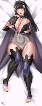 1girl absurdres arcedo blush breasts covered_navel curvy dakimakura_(medium) detached_sleeves female_focus fire_emblem fire_emblem_fates full_body grabbing_own_breast highres huge_breasts lactation long_hair looking_at_viewer lying nail_polish nintendo on_back rhajat_(fire_emblem) solo thick_thighs thighhighs thighs toeless_legwear toenail_polish toenails tongue tongue_out wide_hips