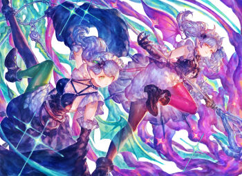 2girls absurdres ariane_the_labrynth_servant arianna_the_labrynth_servant breasts cleavage commentary_request demon_girl demon_horns demon_wings dress duel_monster gloves green_eyes green_pantyhose green_wings grey_hair highres horns maid maid_headdress medium_breasts multiple_girls pantyhose pink_eyes pink_pantyhose pink_wings pointy_ears polearm realpha transparent_wings twintails weapon wings yu-gi-oh!