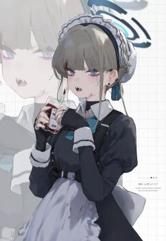 Rule 34 | 1girl, absurdres, amenatsu, apron, artist name, back bow, bag, belt, belt buckle, black belt, black choker, black dress, black gloves, blood, blood bag, blood in hair, blood on clothes, blood on face, blue archive, blue bow, blue bowtie, blue eyes, blue halo, blue ribbon, bow, bowtie, braid, buckle, bun cover, checkered background, choker, commentary, cowboy shot, dress, ear piercing, earclip, eyeliner, fangs, fingerless gloves, gloves, hair ribbon, halo, hands up, highres, holding, holding bag, juliet sleeves, large bow, long hair, long sleeves, looking at viewer, maid, maid headdress, makeup, model request, open mouth, piercing, puffy sleeves, purple eyeliner, ribbon, satchel, slit pupils, solo, standing, toki (blue archive), tsurime, vampire, waist apron, white apron, white headdress, white wrist cuffs, wing collar, wrist cuffs, zoom layer