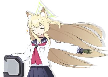 1girl animal_ear_fluff animal_ears azurefetters black_choker black_gloves blonde_hair blue_archive blue_sailor_collar blue_skirt breast_pocket choker closed_eyes commentary_request cowboy_shot double-parted_bangs drop_shadow facing_viewer fox_ears fox_girl gloves green_gloves green_halo hair_between_eyes halo kurumi_(blue_archive) long_hair long_sidelocks long_sleeves multicolored_gloves neckerchief one_side_up open_mouth outstretched_arm pleated_skirt pocket red_neckerchief riot_shield sailor_collar shield sidelocks simple_background skirt solo sparkle two-tone_gloves very_long_hair white_background