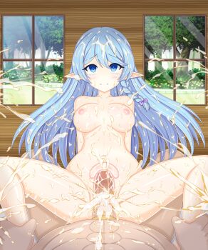 1boy 1girl blue_hair braid breasts bukkake bush chagama_(tyagama0927) commentary_request completely_nude cowgirl_position cum cum_on_body cum_on_hair duel_monster ejaculation elf forest girl_on_top highres holding_another's_leg indoors long_hair medium_breasts nature navel nipples nude pointy_ears pov sex spread_legs straddling tearing_up tree vaginal water_enchantress_of_the_temple window x-ray yu-gi-oh!