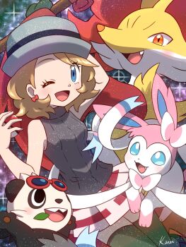 1girl ;d blonde_hair blue_eyes delphox earrings eyewear_on_head gen_6_pokemon hat highres holding holding_poke_ball jewelry looking_at_viewer nintendo one_eye_closed open_mouth pancham poke_ball pokemon pokemon_(anime) pokemon_(creature) pokemon_journeys pokemon_swsh105 serena_(pokemon) shirt short_hair skirt sleeveless sleeveless_shirt smile sylveon thighhighs umippuu_(crystal_pk314)