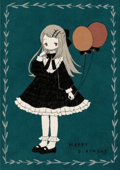 1girl absurdres balloon bib_collar black_bow black_bowtie black_dress black_shoes bobby_socks border bow bowtie brown_eyes closed_mouth collared_dress commentary dot_mouth dress frilled_dress frilled_shirt_collar frills gakuen_idolmaster green_background grey_hair hair_bow hair_ornament hairclip hand_up happy_birthday highres holding holding_balloon idolmaster long_hair long_sleeves looking_to_the_side mary_janes ornate_border parallel_hairclips parted_bangs petticoat puffy_long_sleeves puffy_sleeves shinosawa_hiro shoes socks solo symbol-only_commentary tsukihara_kotori white_socks