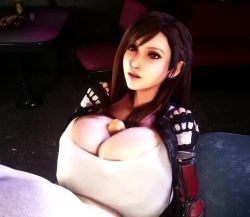 1boy 1girl 20 3d animated black_gloves booth_seating bouncing bouncing_breasts breast_suppress breasts brown_hair cleavage clothed_female_nude_female diner elbow_gloves erection final_fantasy final_fantasy_vii fingerless_gloves gauntlets gloves hetero huge_breasts indoors large_penis long_hair looking_at_another looping_animation lowres nude paizuri paizuri_on_lap paizuri_under_clothes penis red_eyes rubbing skirt sleeveless solo_focus square_enix suspenders table tank_top tifa_lockhart uncensored vaako vaako-7 video virt-a-mate white_tank_top