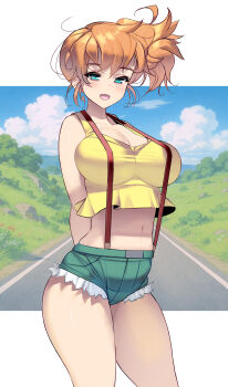 1girl :d aqua_eyes arms_behind_back bare_arms bare_shoulders blue_eyes blue_sky blush breasts cleavage cloud collarbone cowboy_shot crop_top cutoffs day denim denim_shorts green_eyes green_shorts kouno_(masao) large_breasts looking_at_viewer midriff misty_(pokemon) navel nintendo open_mouth orange_hair outdoors pokemon pokemon_(anime) pokemon_(classic_anime) pokemon_rgby ponytail road shirt short_shorts shorts side_ponytail sky sleeveless sleeveless_shirt smile solo standing suspender_shorts suspenders tank_top thighs yellow_shirt yellow_tank_top
