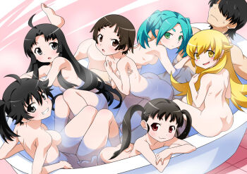 1boy 6+girls :3 ahoge akou_roushi aqua_eyes araragi_karen araragi_koyomi araragi_tsukihi ass back bathing bathtub black_hair blonde_hair blue_hair blunt_bangs blush_stickers breasts brother_and_sister brown_eyes brown_hair commentary_request completely_nude covering_breasts covering_privates expressionless faceless faceless_male grin hachikuji_mayoi hair_censor loli long_hair looking_at_viewer looking_back medium_breasts mixed-sex_bathing monogatari_(series) multiple_girls nisemonogatari nude ononoki_yotsugi oshino_shinobu partially_submerged petite scene_reference sengoku_nadeko shared_bathing siblings sisters small_breasts smile thick_eyebrows twintails very_long_hair water yellow_eyes
