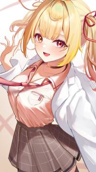 1girl :d absurdres ahoge arm_up blonde_hair blush bow breasts brown_skirt checkered_clothes checkered_skirt choker collared_shirt cowboy_shot gradient_hair hair_ribbon heterochromia highres horo_27 hoshikawa_sara lab_coat large_breasts long_sleeves looking_at_viewer loose_necktie medium_hair multicolored_hair necktie nijisanji open_mouth plaid_clothes pleated_skirt pnk_shirt red_bow red_eyes red_ribbon ribbon school_uniform shirt shirt_tucked_in sidelocks simple_background skirt smile solo tented_shirt twintails virtual_youtuber wide_sleeves yellow_eyes