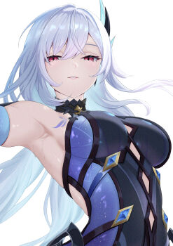 1girl armpits black_unitard breasts from_below genshin_impact hair_ornament half-closed_eyes highres kakabos large_breasts looking_at_viewer parted_lips simple_background skirk_(genshin_impact) solo sweat upper_body white_background white_hair