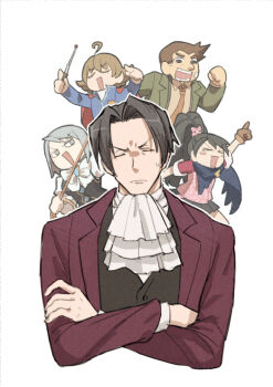 >_< 2girls 3boys ace_attorney ace_attorney_investigations ace_attorney_investigations:_miles_edgeworth ace_attorney_investigations_2:_prosecutor's_gambit ahoge annoyed ascot blush_stickers cape closed_mouth coat commentary_request dick_gumshoe eustace_winner franziska_von_karma green_coat grey_eyes grey_hair hinata_(echoloveloli) holding holding_whip jacket kay_faraday miles_edgeworth multiple_boys multiple_girls necktie open_mouth pointing pointing_up red_cape red_jacket short_hair white_ascot