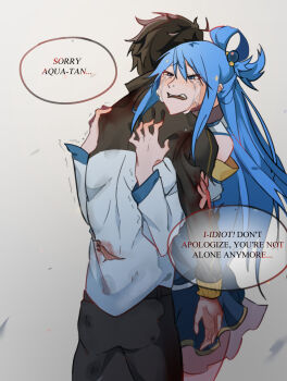 1boy 1girl aqua_(konosuba) beaten black_hair black_pants blood blue_dress blue_eyes blue_hair bruise crossover crying cuts dress hair_between_eyes hair_ornament highres hug injury jacket kono_subarashii_sekai_ni_shukufuku_wo! natsuki_subaru pants ponytail re:zero_kara_hajimeru_isekai_seikatsu sweatpants torn_clothes track_jacket track_suit xmyrkr