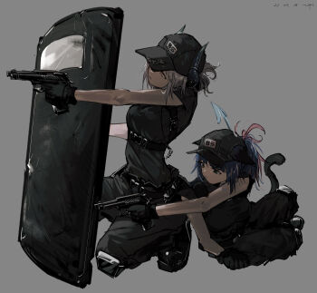 2girls absurdres aiming animal_ears arknights armor ballistic_shield black_gloves black_hat black_horns black_pants black_shirt black_tail blue_hair closed_mouth clothes_writing commentary dated dragon_girl dragon_horns ears_through_headwear english_commentary finger_on_trigger full_body gloves green_eyes grey_background grey_hair gun handgun hat highres holding holding_gun holding_weapon horns jessica_(arknights) knee_pads liskarm_(arknights) multicolored_hair multiple_girls one_eye_covered pants peaked_cap pink_eyes pink_hair pppmepl shield shirt short_hair short_sleeves simple_background strap streaked_hair tail weapon