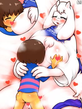 ankk_(wonkake) brown_hair censored censored_nipples closed_eyes frisk_(undertale) furry hetero highres sex shota toriel undertale utdr_(toby_fox)