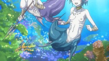 10s 2017 2girls animated animated_gif anime_screenshot aqua_eyes bandages bare_shoulders blue_eyes blue_hair blush breasts brooch censored choker closed_mouth collarbone colored_skin fins floating_hair full_body gills hair_between_eyes head_fins hetero jewelry loli medium_breasts mermaid mermaid_tail monster monster_girl mosaic_censoring multicolored_skin multiple_girls necklace nipples open_mouth purple_hair pussy short_hair small_breasts smile staff staff_(weapon) tagme underwater webbed_hands white_skin z-ton zton_jingai_animation:_a_beautiful_greed_nulu_nulu