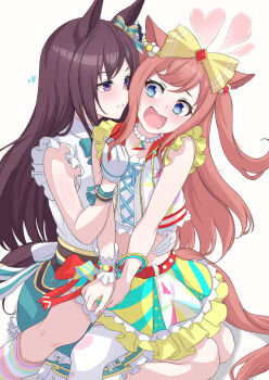 2girls absurdres agnes_digital_(full-color_fangirling)_(umamusume) agnes_digital_(umamusume) animal_ears bare_arms black_hair blue_eyes blue_skirt blush bow commentary_request gloves hair_bow highres horse_ears horse_girl horse_tail jacket leg_warmers long_hair looking_at_another maimuu mejiro_dober_(off_the_line)_(umamusume) mejiro_dober_(umamusume) multiple_girls open_clothes open_jacket open_mouth parted_lips pink_hair pink_leg_warmers purple_eyes shirt single_leg_warmer single_thighhigh single_wrist_cuff sitting sitting_on_lap sitting_on_person skirt sleeveless sleeveless_jacket sleeveless_shirt smile tail thighhighs two_side_up umamusume white_gloves white_jacket white_shirt white_thighhighs wrist_cuffs yellow_bow yellow_skirt yuri
