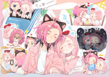 1boy 1girl ^_^ absurdres against_glass animal_ears antenna_hair arm_grab bead_bracelet beads biting black_hair bob_cut bow bracelet cat_ears chibi closed_eyes collared_shirt colored_tips cotton_candy couple drinking_straw eating facing_viewer fake_animal_ears food green_eyes hair_bow hair_over_one_eye hairband haunted_house_(attraction) head_tilt heads_together heart hetero highres holding holding_cotton_candy holding_food holding_phone jacket jewelry jitome leaning_on_person leaning_to_the_side long_sleeves looking_at_another looking_up matching_outfits medium_hair motion_blur multicolored_hair multiple_views nanatsumori_minoru necklace open_clothes open_shirt paki2000 paw_pose pendant phone pink_hair pink_shirt protagonist_(tokimemo_gs4) red_bow roller_coaster scared shared_drink shirt short_hair side-by-side sitting sleeping sleeping_on_person sleeping_upright star_(symbol) star_necklace streaked_hair stuffed_animal stuffed_lion stuffed_toy t-shirt table taking_picture tokimeki_memorial tokimeki_memorial_girl&#039;s_side tokimeki_memorial_girl&#039;s_side_4th_heart trembling undershirt white_jacket wig yellow_eyes zzz