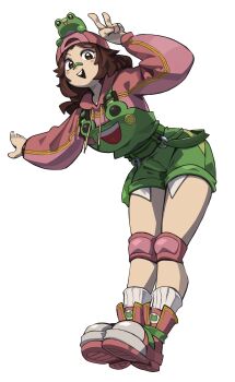 Rule 34 | 1girl, absurdres, animal print, backwards hat, bandaid, bandaid on face, bandaid on nose, baseball cap, bethy, blush, brown eyes, brown hair, commentary, commission, commissioner upload, english commentary, frog, frog on head, frog print, full body, green overalls, green suspenders, hands up, hat, highres, hood, hood down, hoodie, indie virtual youtuber, knee pads, leaning forward, long sleeves, looking at viewer, medium hair, mr plagu3, multicolored shoes, open mouth, overalls, pink hat, pink hoodie, pink shoes, second-party source, shoes, socks, solo, standing, teeth, tomboy, transparent background, upper teeth only, v, virtual youtuber, white socks