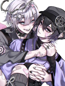 2boys bandaid bandaid_on_knee bandaid_on_leg black_choker black_hair black_hat black_nails black_socks blue_eyes chain chain_necklace choker commentary_request double-parted_bangs feet_out_of_frame grey_hair hair_between_eyes hat heart heart-shaped_bandaid highres jewelry kaminoq kneehighs long_sleeves male_focus multiple_boys nail_polish necklace open_mouth original parted_lips purple_eyes purple_shirt ring shirt short_hair simple_background socks spiked_choker spikes watermark white_background white_nails wide_sleeves